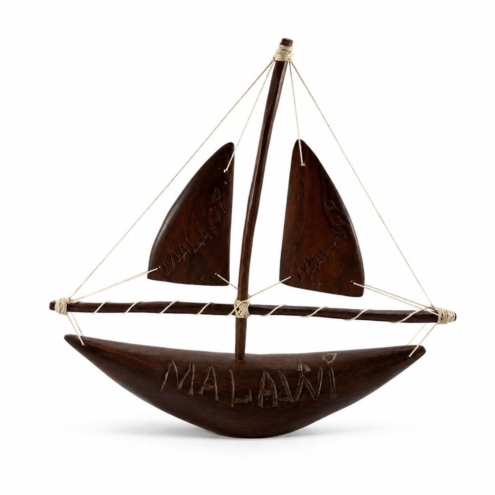 Vintage Handmade Wooden Malawi Sailboat Folk Art Nautical Decor 11” Carved